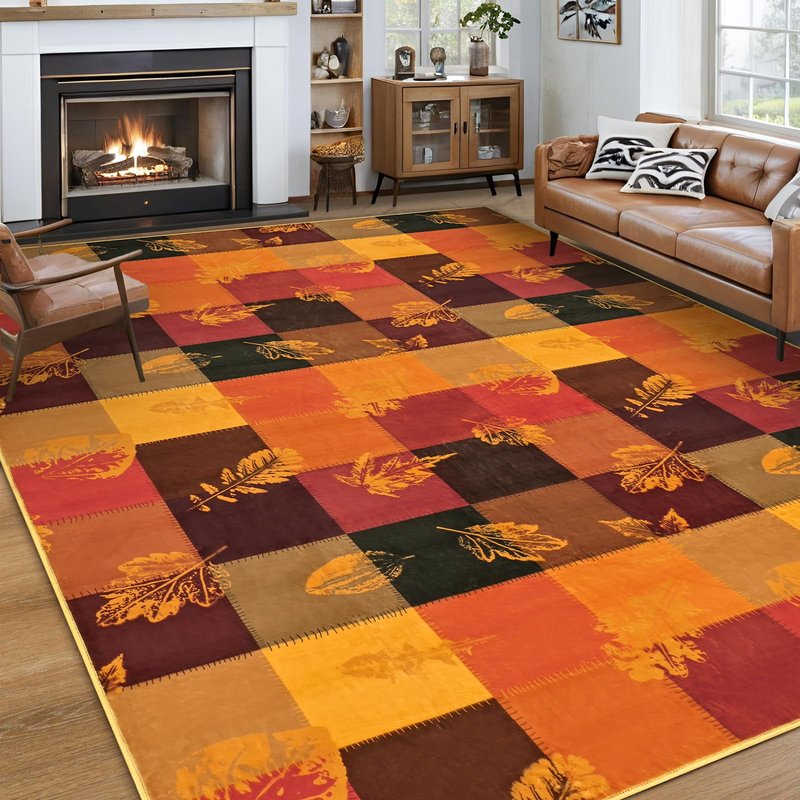 ASPMIZ Fall Area Rug 5x7 Washable Rugs for Living Room, Soft Faux Wool Thanksgiving Bedroom Rugs Non Slip Orange Maple Leaf Floor Carpet Low Pile Large Throw Rug for Dining Room Home Office Decor
