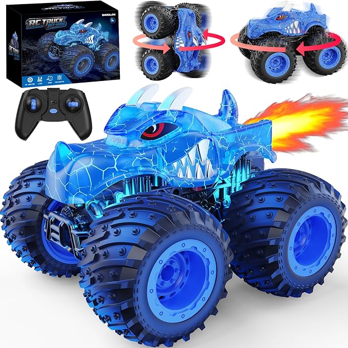 BAODLON Remote Control Monster Car 2.4GHz RC Monster Trucks Toys for 3 4 5 6 7 8 Years Old Boys Kids All Terrain RC Truck Off Road with Spray Light Rechargeable Battery Christmas Birthday Gifts