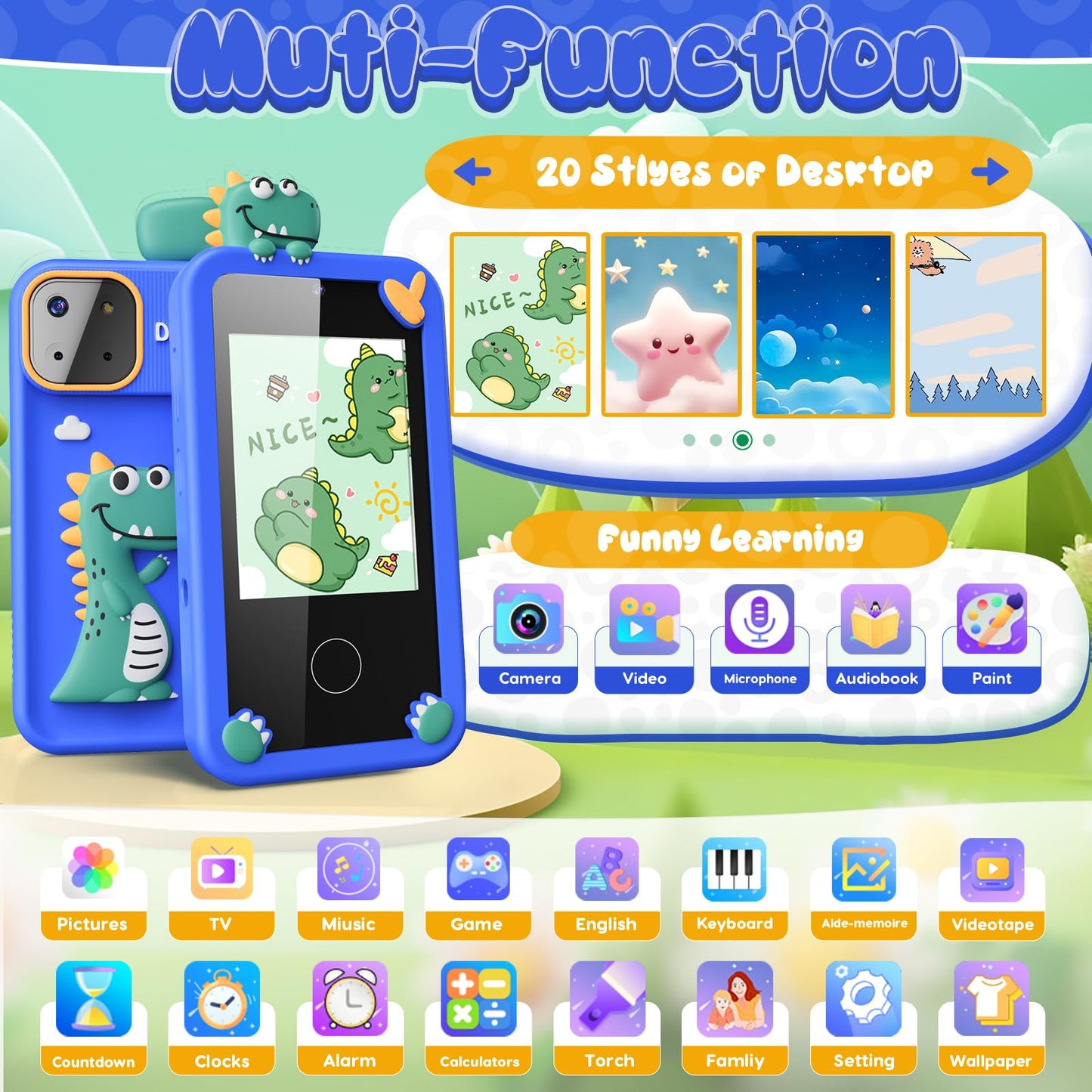 Luyiilo Kids Smart Phone Toys for Boys,Dinosaurs Gift Toys for Boys Ages 3-9 Christmas Birthday Gifts Mini Smart Phone Toys With 2.8" Touchscreen 16 Learning Games Dual Camera Music Player, 8G SD Card