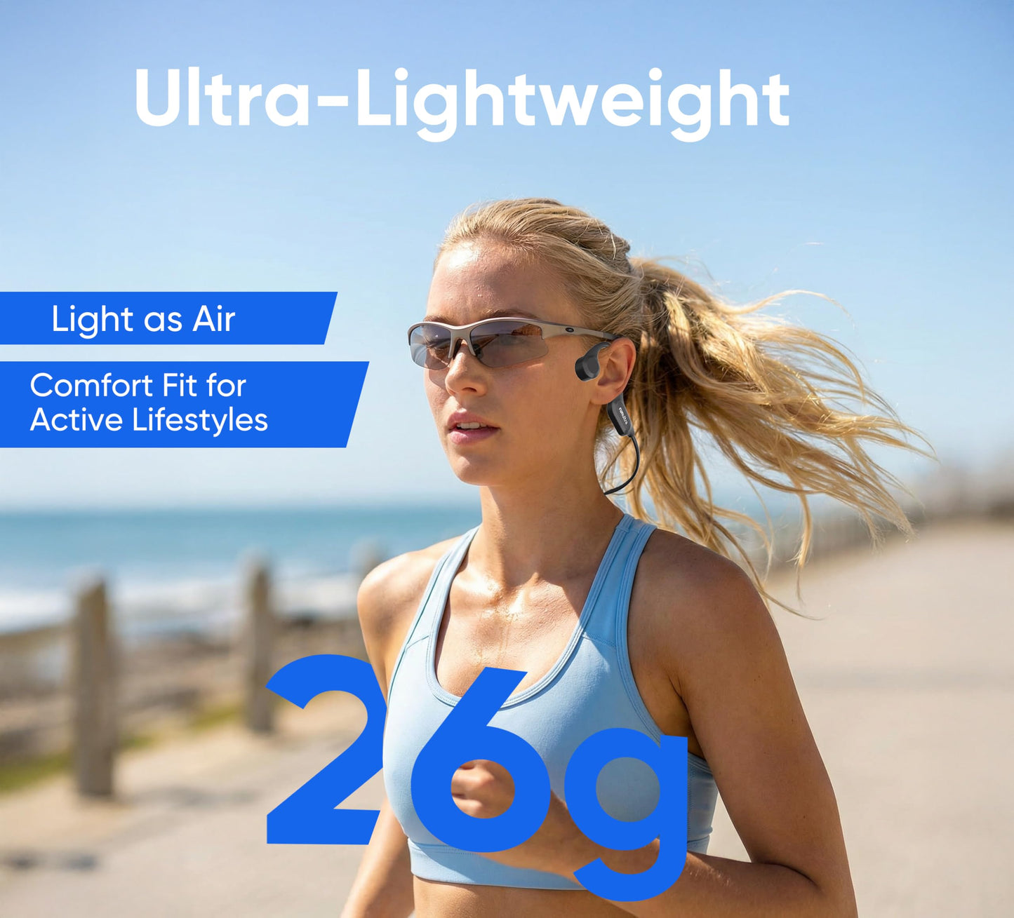 Bone Conduction Headphones, Open Ear, Bluetooth 6.0, IPX6 Sweatproof, Lightweight Comfortable Stable Fit Sports Wireless Earphones for Safe Running, Cycling, Gym Workouts, Hiking, 8H Playtime