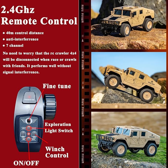 Skymaker RC Military Truck Humvee 2.4Ghz Remote Control Truck 4WD RC Hummer with Winch & Machine Gun Khaki