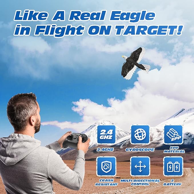 DEERC RC Plane Remote Control Eagle Plane RTF Airplane 2.4GHZ 2CH Flying Bird with 2 Batteries & Propeller 6-axis Gyro Stabilizer Easy to Fly for Beginners Adults Kids Boys