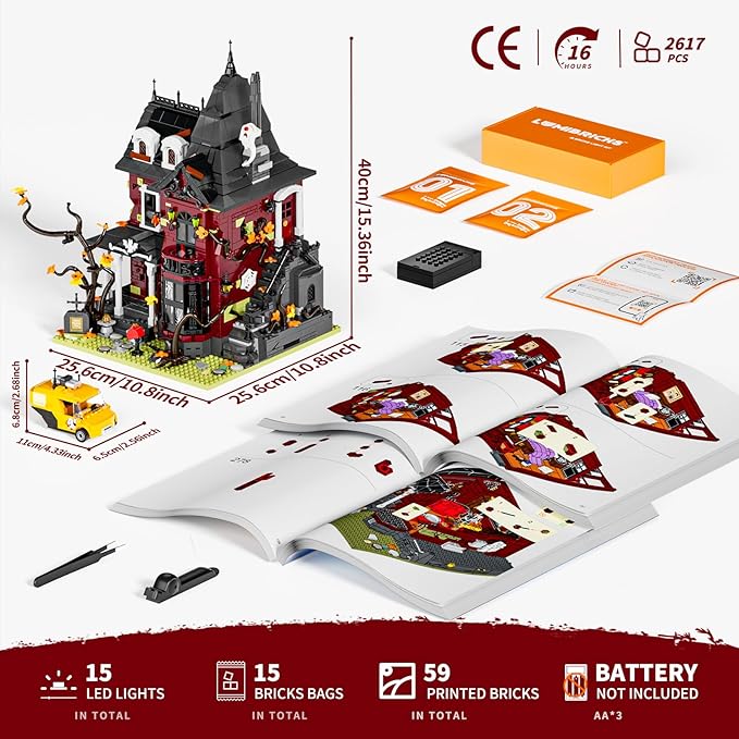 Halloween Midnight Haunted Mansion Lighting Building Bricks Set - Ghost Specter Phantom House City Town Modular Collection Kit 2617 Pcs for Adults & Teens