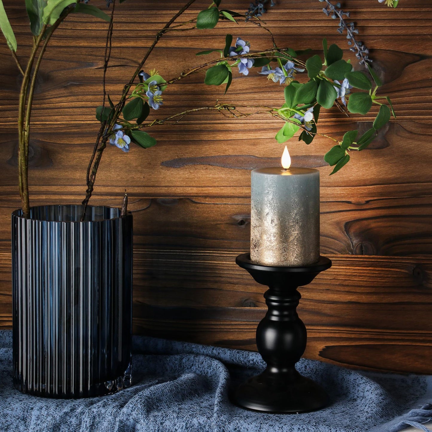 Fanna Flameless LED Pillar Candles with Timer for Wreath, Battery Operated Rustic Wax Candles with Remote for Christmas, 8 Batteries Included - Set of 4 (D 3" x H 4") - Misty Blue/Copper