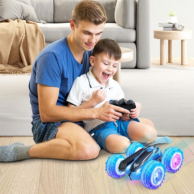 KKONES Remote Control Car 2.4GHz Double Sided 360° Flips Rotating Electric Race RC Stunt Car LED Wheel & Headlight High Speed Off Road Cars Toy Gift for 3 4 5 6 7 8-12 Year Old Boy Toys (Blue)