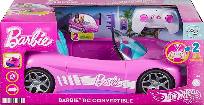 Hot Wheels Barbie RC Toy Car Remote-Control Pink Convertible Can Hold 2 Barbie Fashion Dolls & Trunk Opens for Storage Sticker Sheet for Customizing