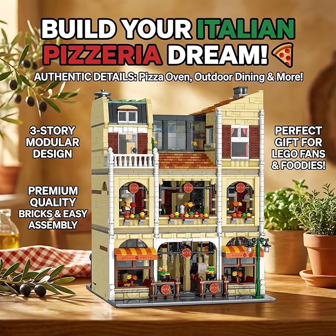 Pizza Shop Street View Building Blocks Set5588Pieces 3-Story Retro European Architecture Model with Detail Interior Scenes Collectible Modular Building Blocks for Adults & Teens 14+