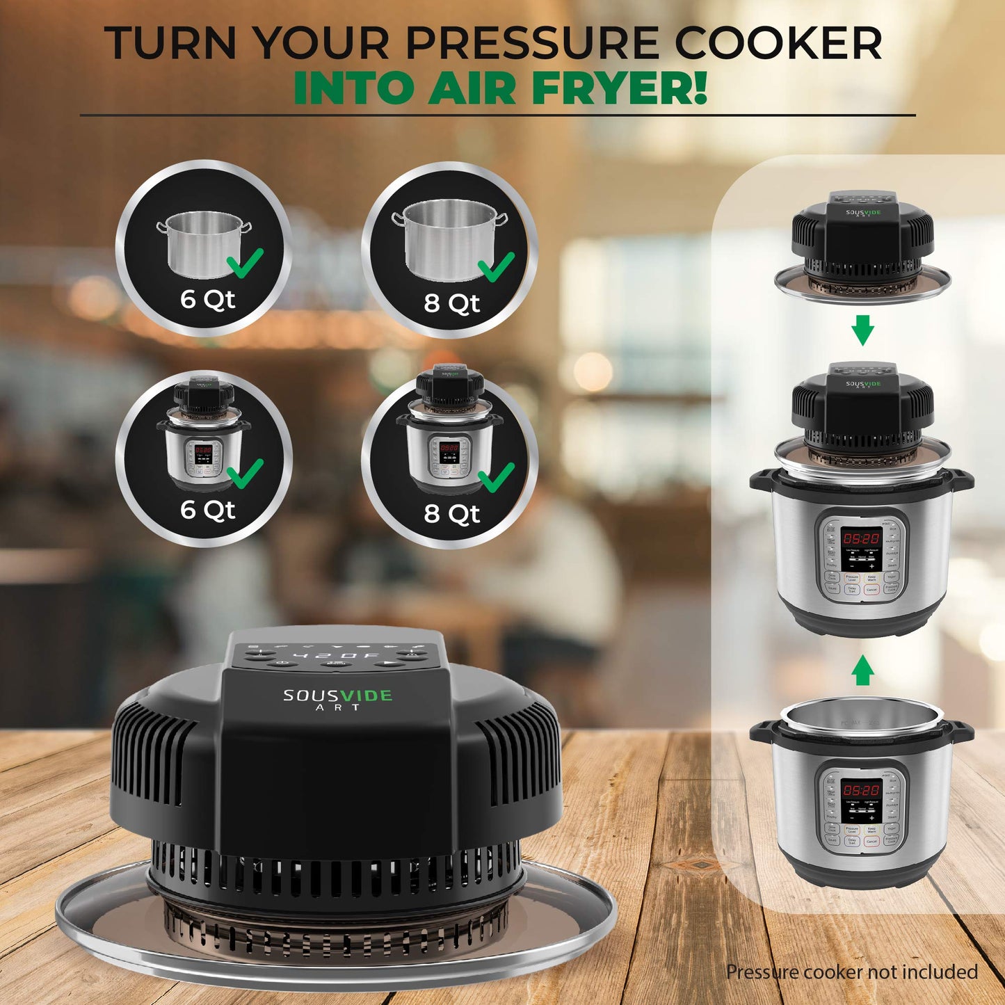 Sousvide Art 7-in-1 Instant Pot Air Fryer Lid 8 qt, Instant Pot Pressure Cooker Attachment - Fryers Lid - Instapot Accessory - Air Fryer Accessories Combo with Basket, Rack, Mat, Tongs, Cookbook