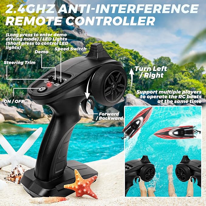 BEZGAR RC Boat 14 inch Remote Control Boat - Self-righting 40 Min Dual-Battery 32 KPH Fast RC Boats for Kids & Adults with LED Lights for Pool Lake Ocean Waterproof & Suitcase - Red