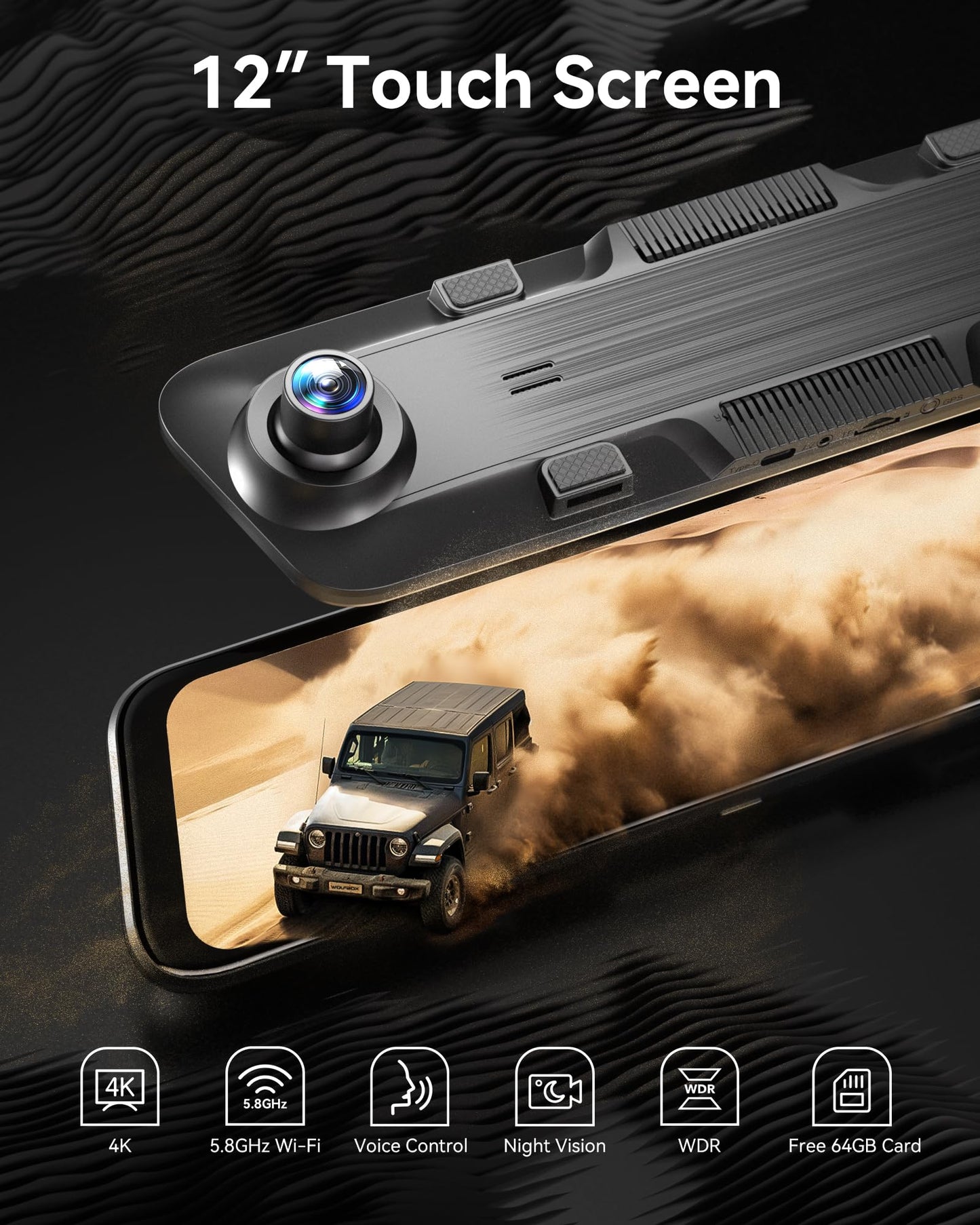 WOLFBOX G850 12" 4K Rear View Mirror Camera with 5.8GHz WiFi and Voice Control, Smart Mirror Dash Cam Front and Rear, Backup Camera with 1080P Rear Camera, Dash Cam with WDR, Includes 64GB Card & GPS
