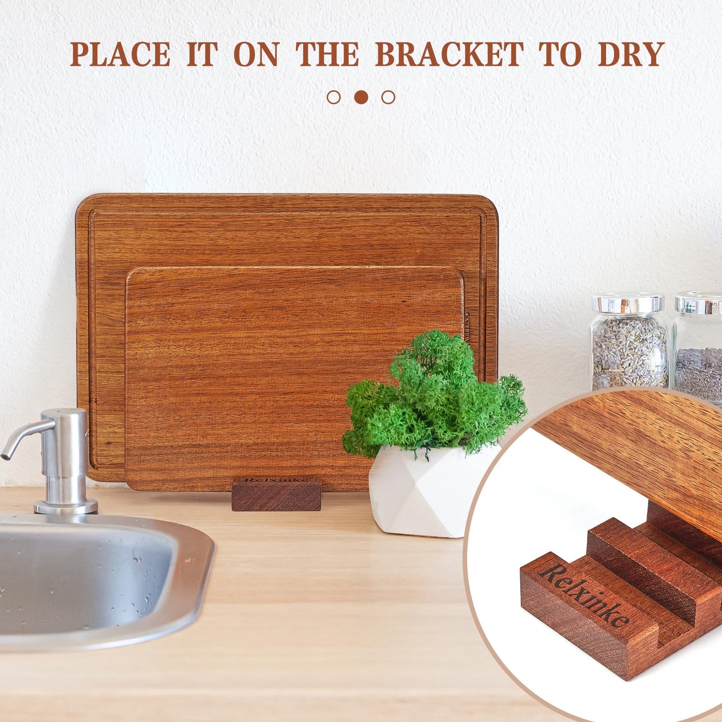 Relxinke Solid Teak Wood Cutting Board Set One Piece Non Glued Large Thick Crack Resistant Wooden Chopping Board with DeepJuice Grooves Built in Handles for Kitchen Meat Vegetable 18x12 IN &12X8 IN