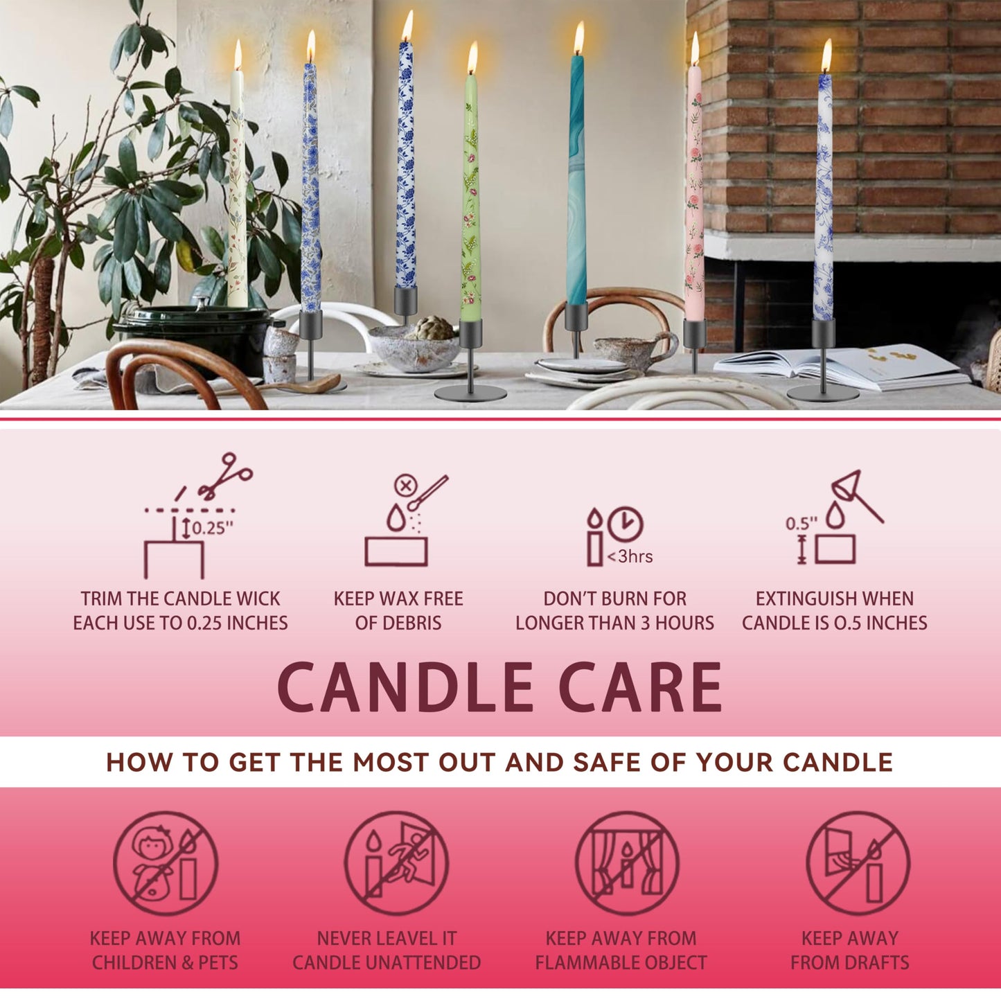 10 Inch Printed Candle Love Pattern Smokeless Unscented Candle Sticks Suitable for Anniversary Express Love Evening Wedding, Bohemian Seaside Theme Home Decor, 4 Pack