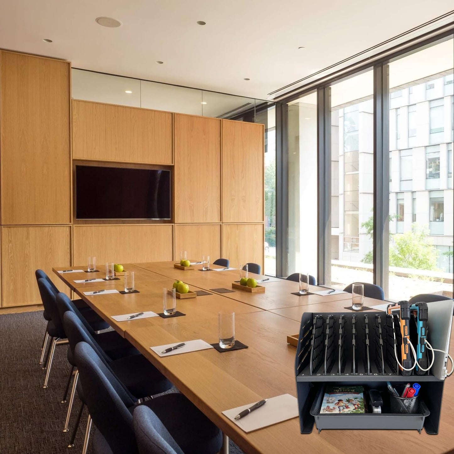 Plugsharge 10-Device Laptop & Tablet Charging Station with 6 AC Outlets & 4 Fast-Charging USB Ports, Charging Rack for Chromebooks, iPads & Devices Up to 15.6", Classroom, Office & Library Organizer