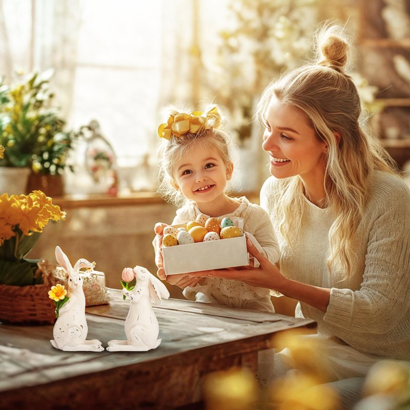 Valery Madelyn Easter Bunny Decorations for Home, Medium White Couple Rabbits Figurine Tabletop Decor, 2Pcs Cute Easter Gifts Resin Statues for Spring Holiday Indoor Party Table Centerpieces, 6"