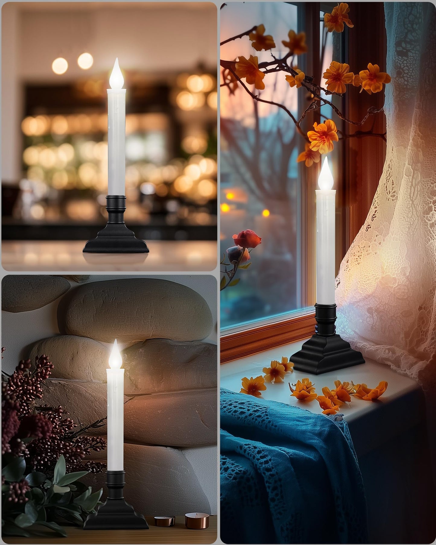 SURAIELEC Battery Operated Christmas Window Candles, Dusk-to-Dawn Window Candle, Flickering Cool White LED Candles for Windows, 1.7‘’ Narrow Base for Windows, Mantels, Dining Tables, Black, 4-Pack