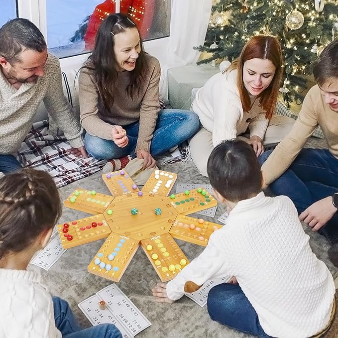 Marble Board GameWooden Board Game for 6-8 PlayersPortable Design Marble Game with 32 Marbles 16 Dice Family Game Night Gift for Kids & Adults