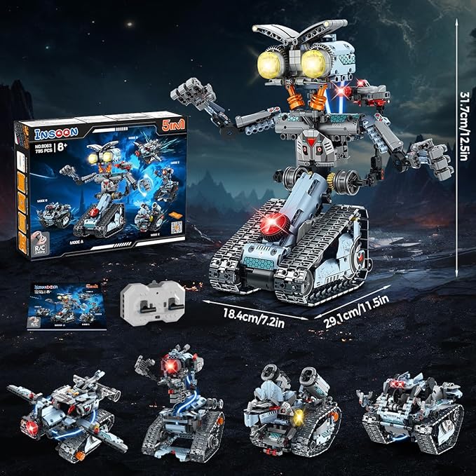 Robot Building Toy with Lights 5 in 1 Robotic Building Set with APP & Remote Control RC Tech Tracked Tank Car Fighter Jet Model Kit 795 PCS Easter Gift for Kids Boys Girls Ages 8+