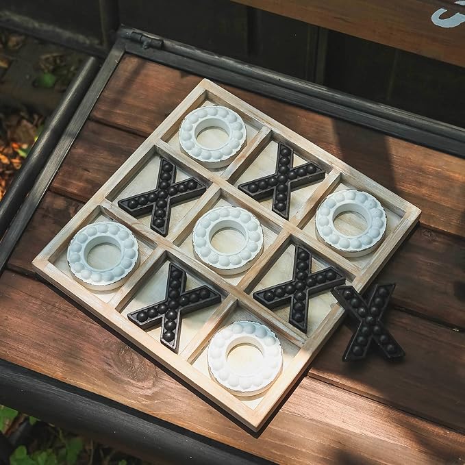 NIKKY HOME Tic Tac Toe Game Coffee Table Decor 10.6 Inch Rustic Wooden Board Black & White