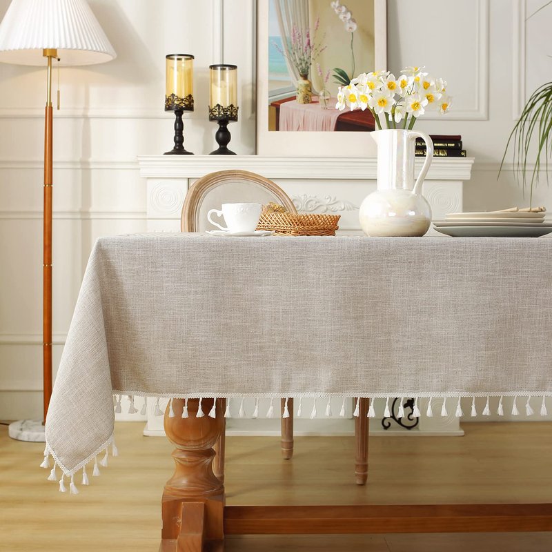 Laolitou Rustic Cotton Linen Table Cloth,Tablecloths for 6 Foot Rectangle Tables,Waterproof Washable Tablecloth with Tassel Rectangle/Oblong, 55''x 86'', 6-8 Seats