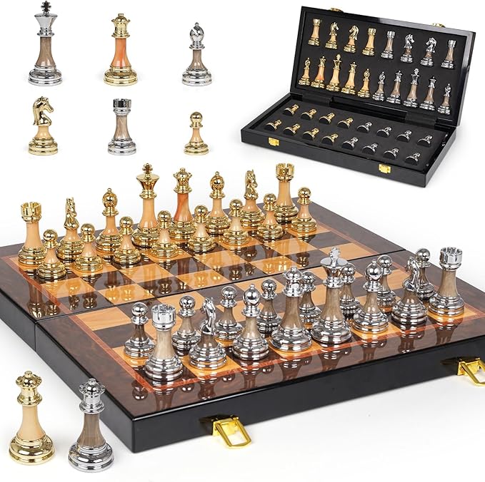 Luxury Large Metal & Acrylic Chess Set with Wooden Chess Board (17”) – Weighted Chess Pieces with 3.5” King Foldable Tournament Chess Set for Adults and Kids Professional Chess Game Set