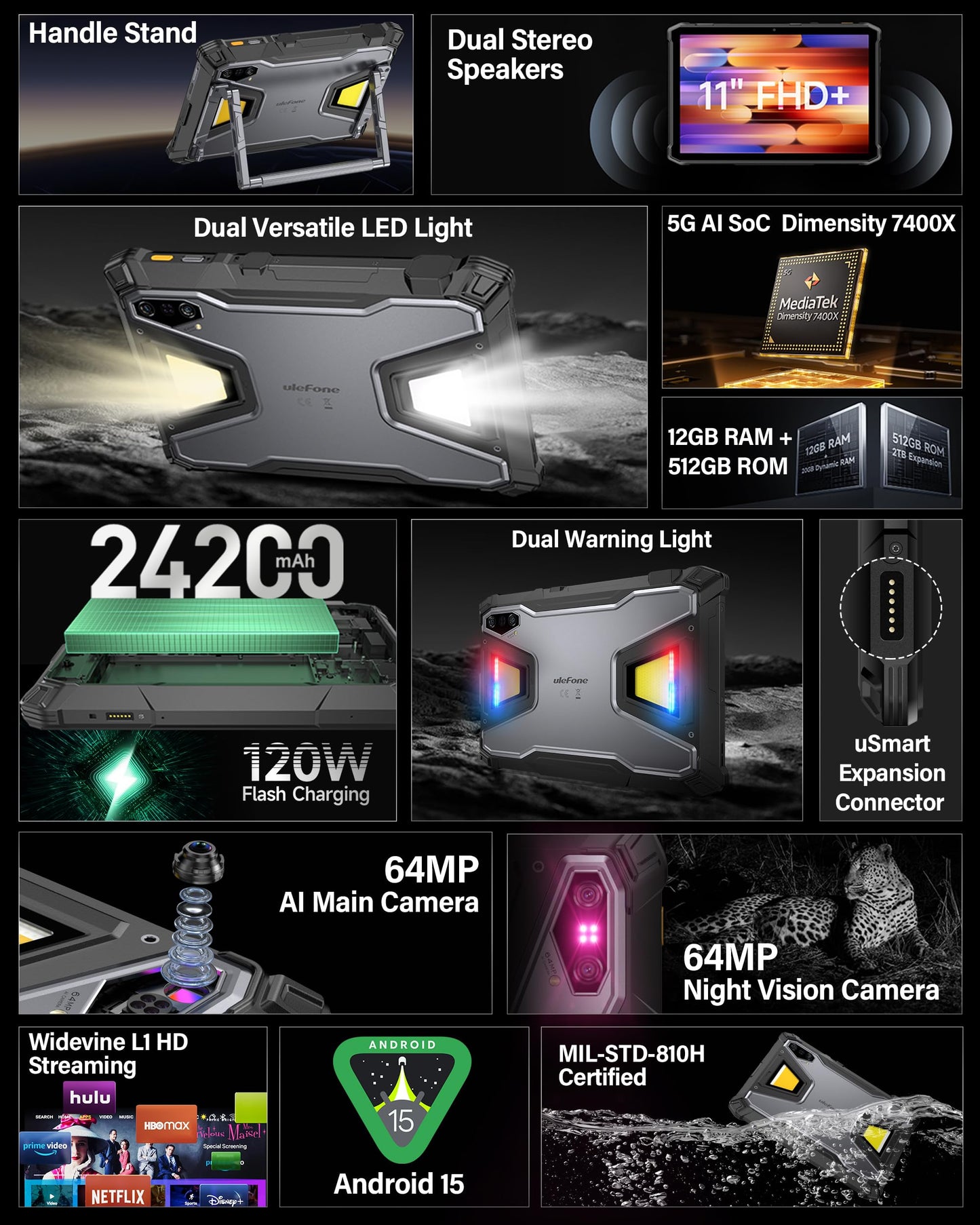 Ulefone Armor Pad 5 Pro & Digital Microscope C01, 5G Rugged Tablet, Dimensity 7400X 32GB+512GB/2TB Expansion, 24200mAh(120W), 11" FHD+ Screen, IP68/69K, 64MP+64MP, 32MP, Dual LED Lights/Warning Lights