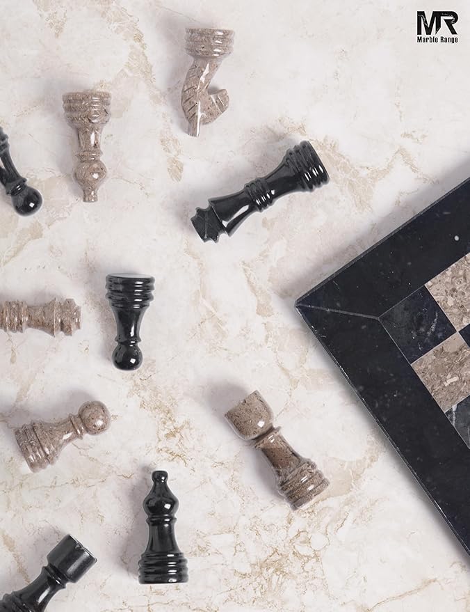Marble Chess Set for Adults 12 Handmade Black & Oceanic Board Game with 32 Chess Pieces 2 Extra Queens & Storage Box Luxury Travel Game Elegant for Home Decor