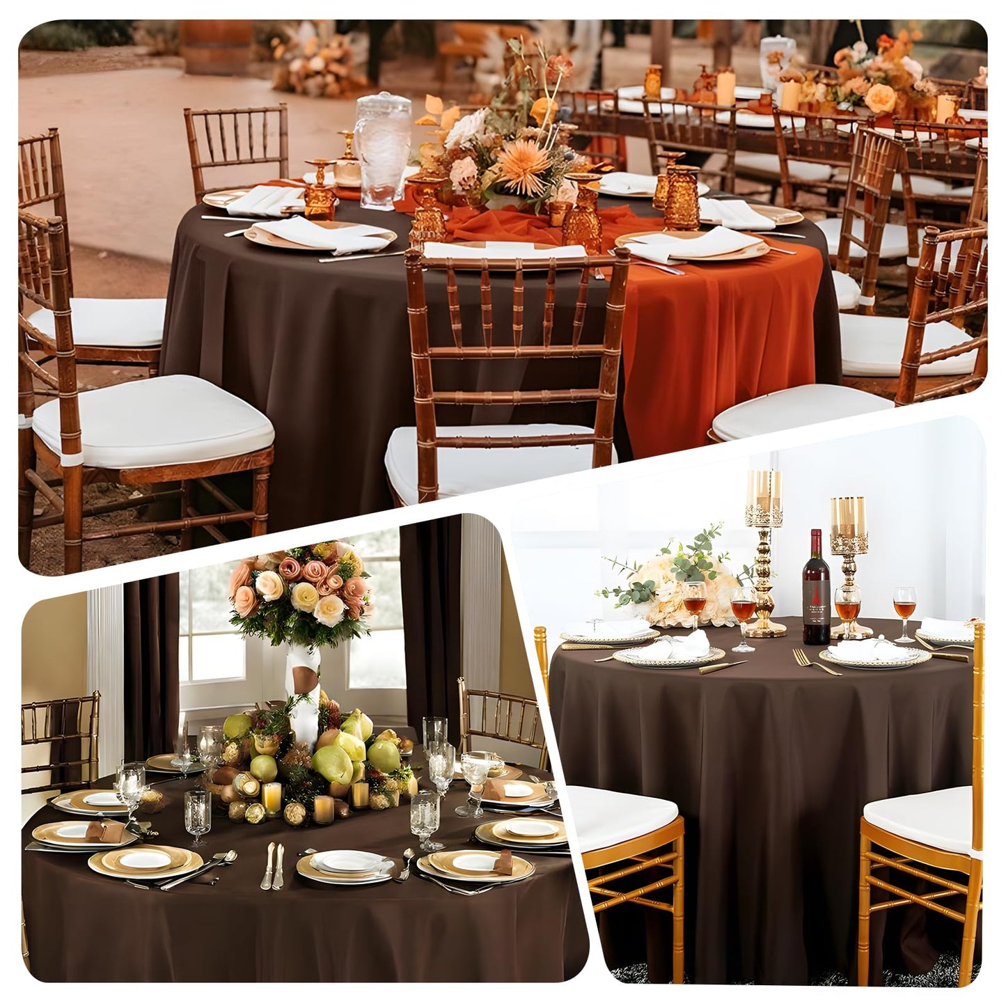 pepmily 8 Pack Brown Round Tablecloth 120 Inch Round Table Cloth, Wrinkle Resistant and Washable Polyester Fabric Table Cloth Round Table Cover for Dining Wedding Banquet Party