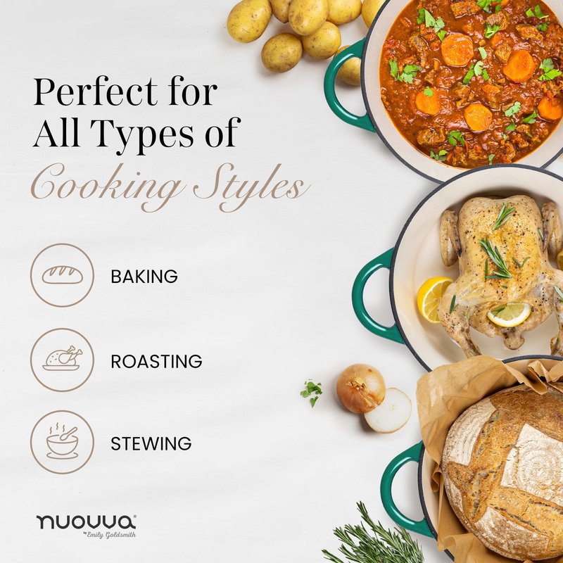 Nuovva Enamelled Cast Iron Dutch Oven Pot with Lid – 6.4 Quart Non Stick Casserole Pot – Heavy Duty & Oven Safe up to 500° F for Bread Baking, Braising, Stews, Roasting – 28cm Dark Green