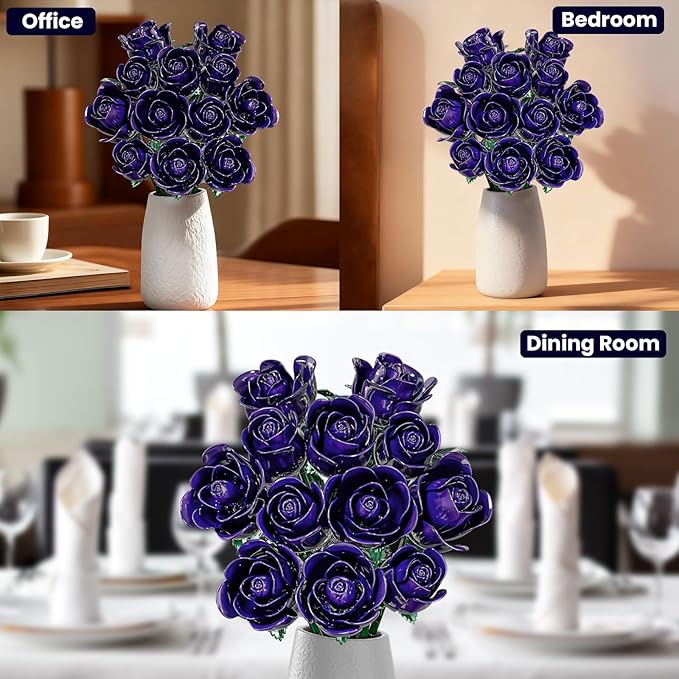 Purple Rose Bouquet Building Set for Girls & Boys - 12 Pack Botanical Collection Gift for Easter Basket Artificial Flowers Botanical Collection Centerpiece Retro Decor