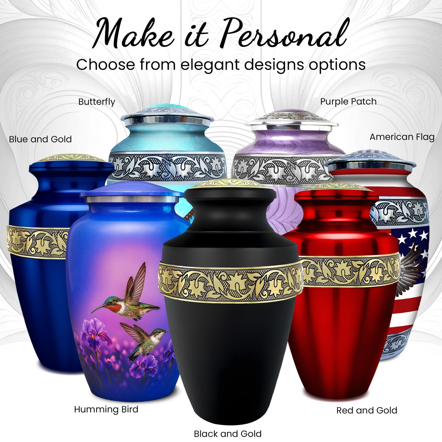 Set of 6 Black & Gold Decorative Cremation Urns for Ashes Adult Male & Female Includes 1 Large Black Urn with 4 Small Keepsakes & 1 NecklaceUrn for Human Ashes