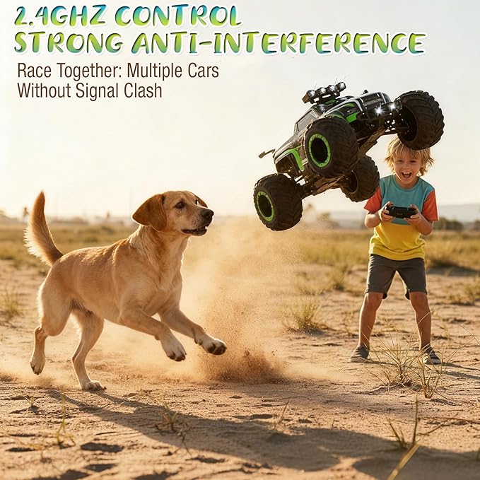 Remote Control Monster Truck for Kids: Off-Road RC Car with Headlights & Body Lights 1:18 20 km/h 2WD 2.4 GHz All-Terrain Rechargeable High-Speed - Birthday for Boys Ages 4-12