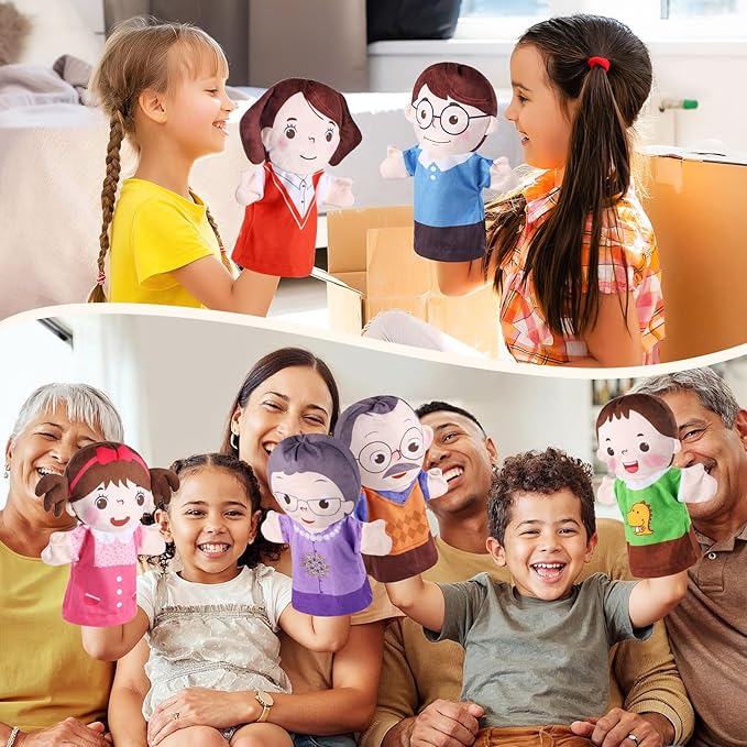 6 Pcs Family Hand Puppets 10 Inch Grandparents Mom & Dad Brother & Sister Plush Hand Puppet Toys Role-Play Toy Puppets for Kids Storytelling Imaginative Pretend Play Teaching Preschool(6 Fam
