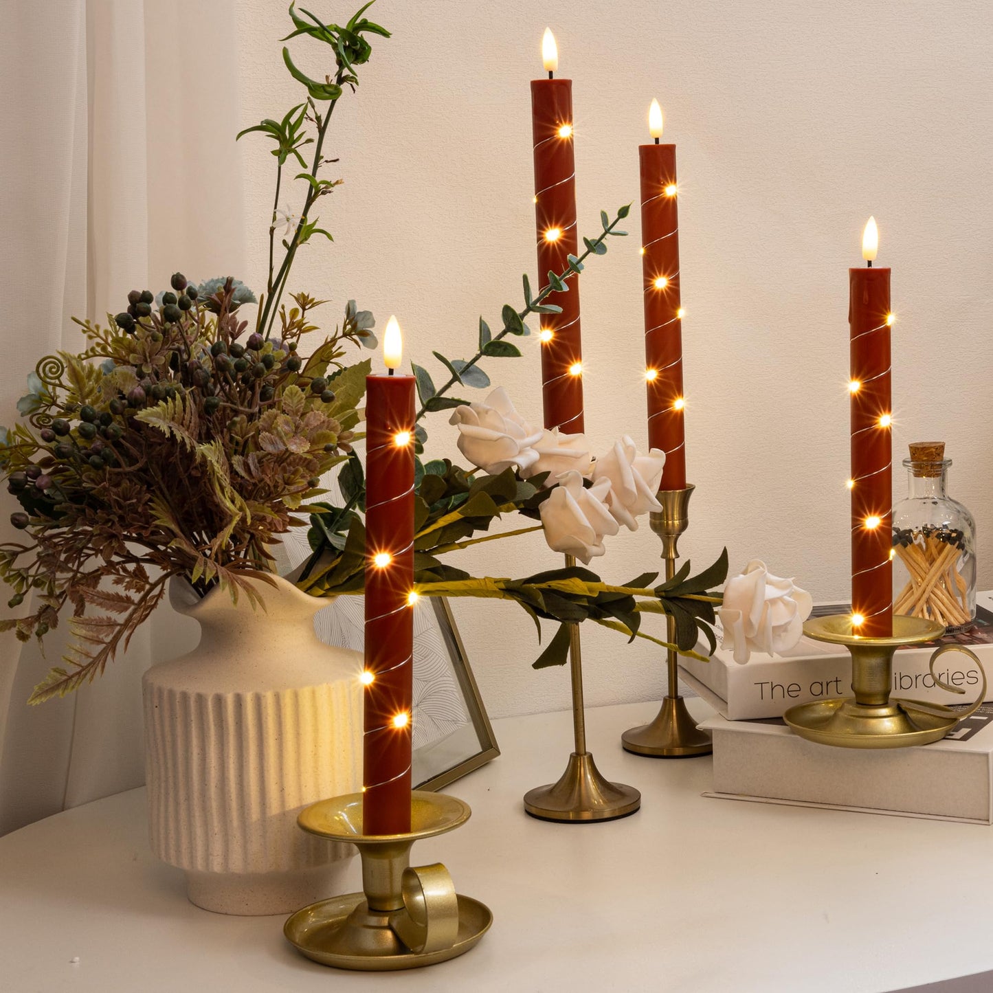 Patriotic Flameless Taper Candles with Remote for 250th Anniversary Decorations๏ผ3D Flickering Flame LED Candles Arounded with Starlight String for 4th of July Decoration, Pack of 6, Reddish Brown