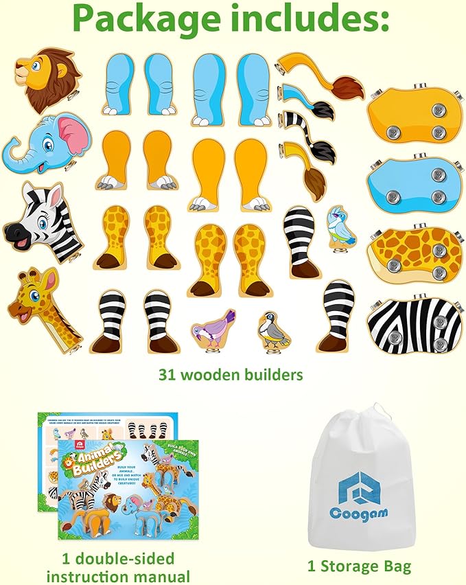 Coogam Wooden Snap Together Building Toy Take Apart Construction Builders Assembly Animal Building Blocks STEM Fine Motor Learning Toy Gift for 3 4 5 Years Old Kids
