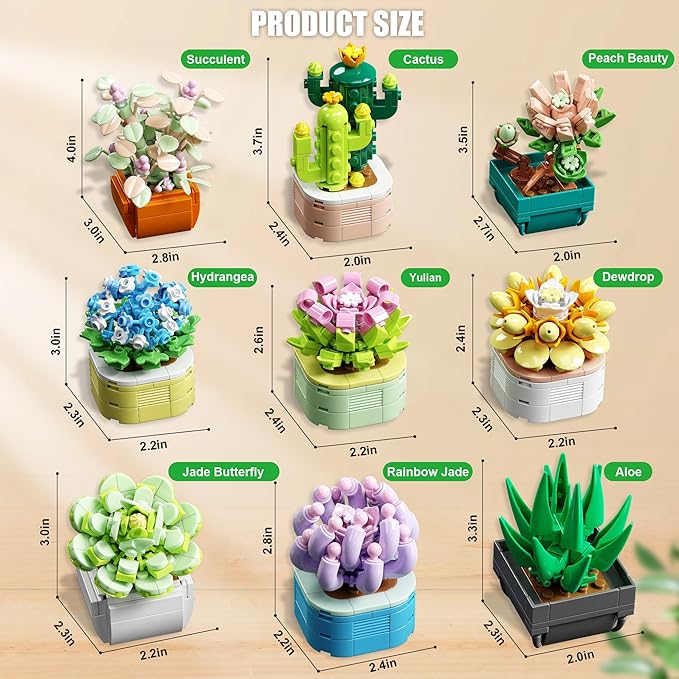 9 in 1 Tiny Flowers Succulents Artificial Plant Set-Creative Botanical Building Block Toy Botanical Collection for Office&Home Decor Birthday Gift for Adults and Kids 8-12(832 PCS)