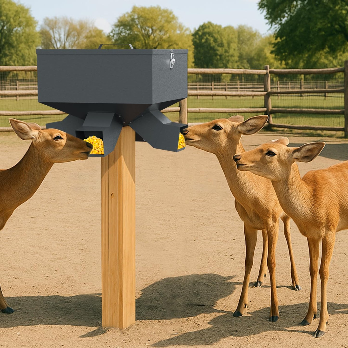 Portable 80LB Gravity Deer Feeder, Heavy Duty Metal Wildlife Feeder with 4 Feeding Ports, Weatherproof for Hunting & Backyard Game