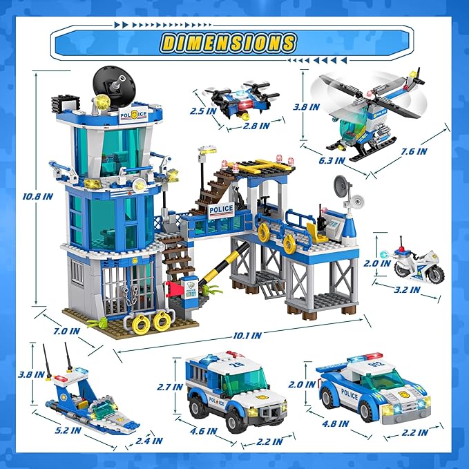 982Pcs City Police Station Building Toy Set - 6-in-1 Emergency Rescue Center with Police Car Boat Helicopter & Motorcycle - STEM Police Playset Gift for Kids Boys Girls Ages 6-12