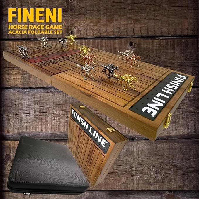 Horse Racing Game for Adults - Foldable Board Game With 11 Luxurious Metal Horses (Gold Silver Black RoseGold) - 22 Acacia Wood Race Game Board Dice & RoseGold Card
