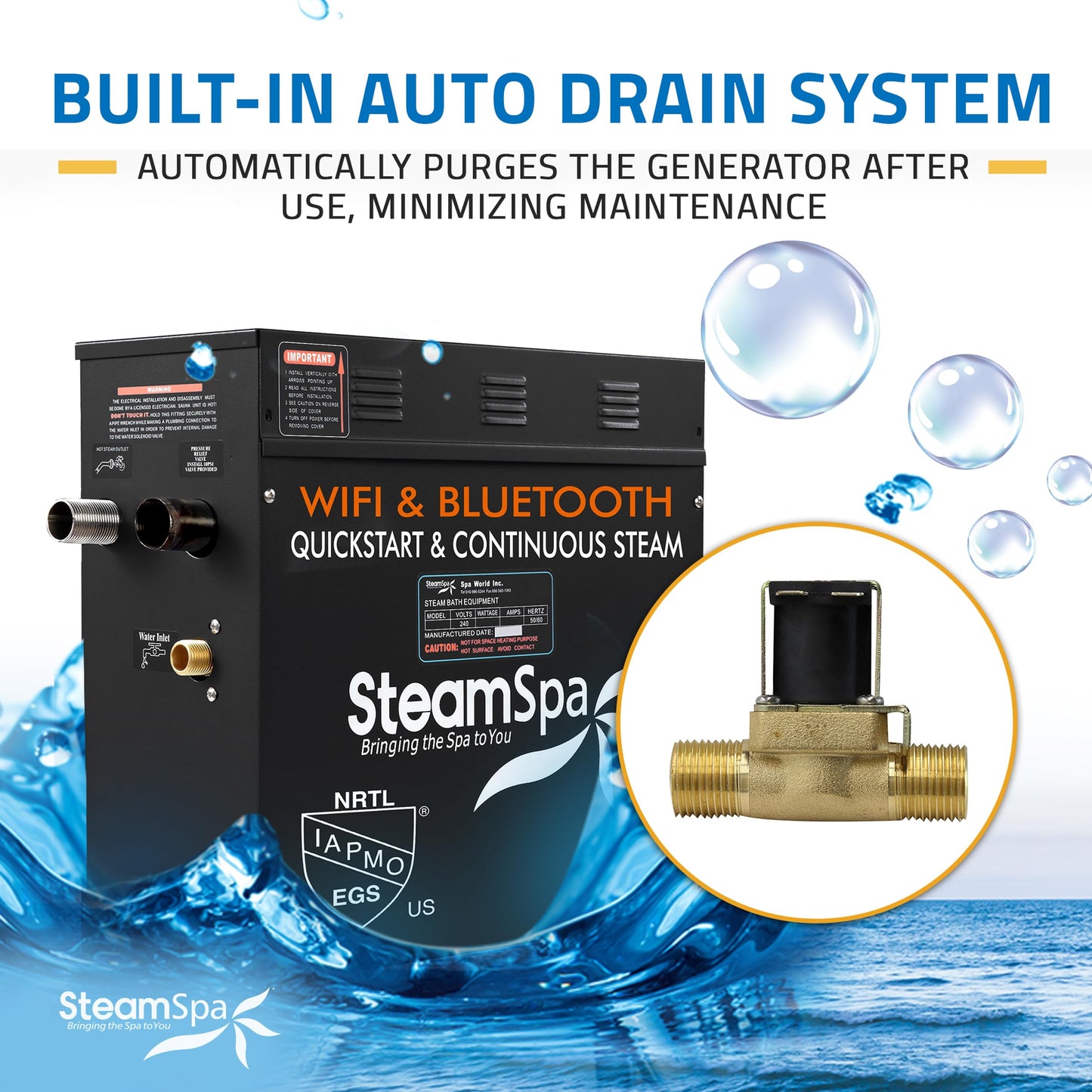 SteamSpa Steam System 12kW Steam Shower Generator with Bluetooth Wifi, Quickstart Continous Steam, Advanced Touch Pad Screen, Chroma Lights, Drain Pan and Auto Drain Oil Rubbed Bronze RVBS1200ORB-A