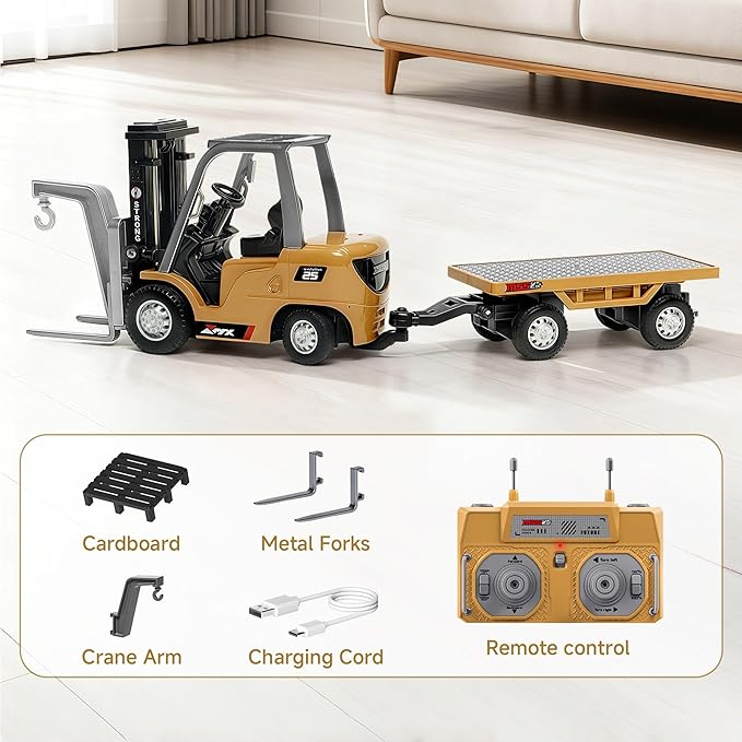 BRRRRT 1/64 Full Proportional RC Forklift Toy8 Channel 2 Mode Mini Remote Control Forklift Truck with Flatbed Tow Truck2 in 1 Transformable Lift Fork & Hook with Rechargeable Battery for 4+ Kids