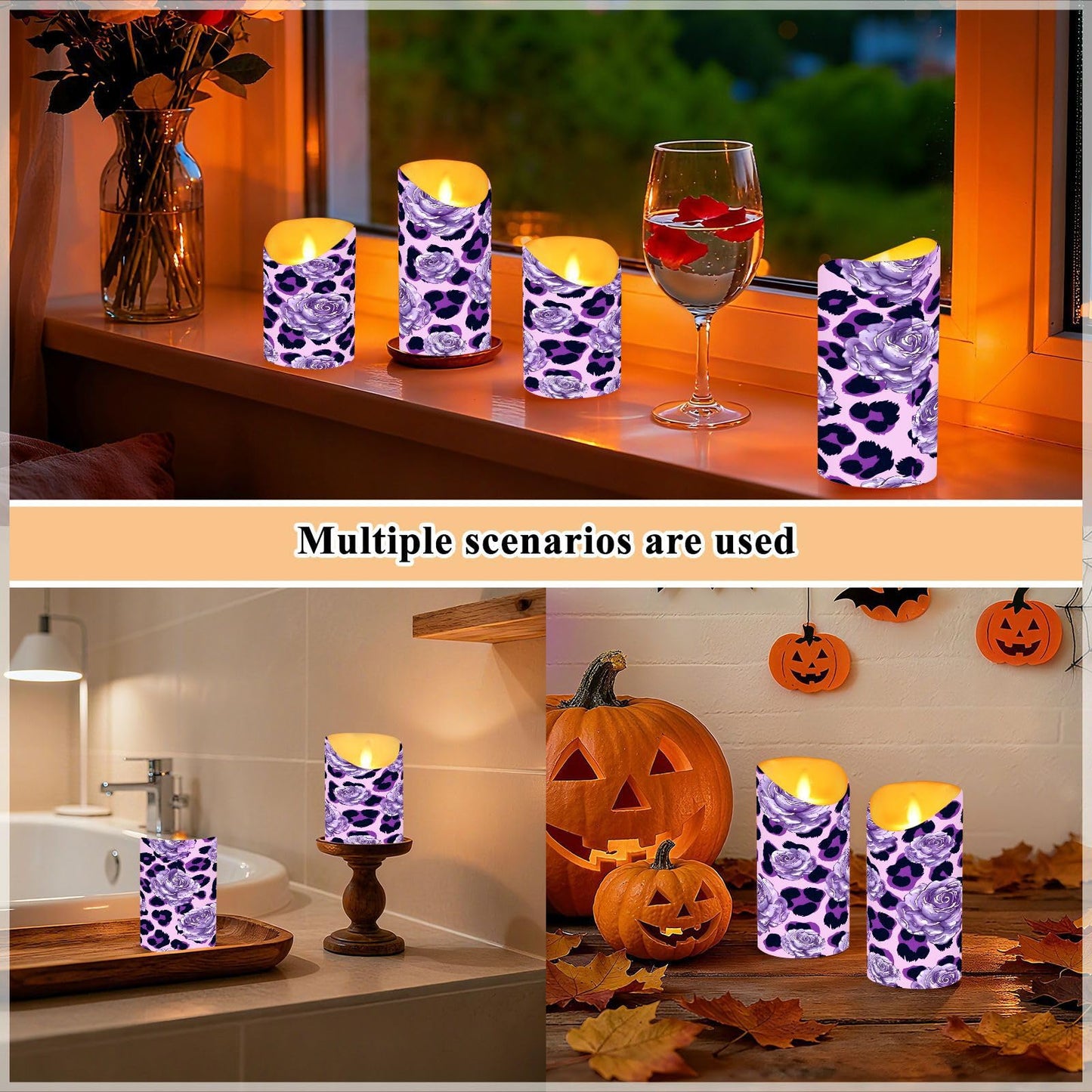 ALAZA Purple Leopard Print Rose Pattern Flickering Flameless Candles Battery Operated with Remote Timer,Tea Light Candles LED Pillar Votive Set of 2 for Outdoor Indoor Decorations 3" x3.9"