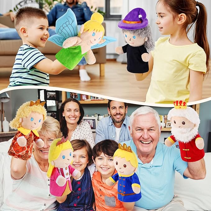 6 Pcs Castle Hand Puppets Fairy Tales Queen & King Princess & Prince Elf & Witch Plush Toys Role-Play Toy Puppets for Kids Storytelling Imaginative Pretend Play Teaching Preschool(6 Cart