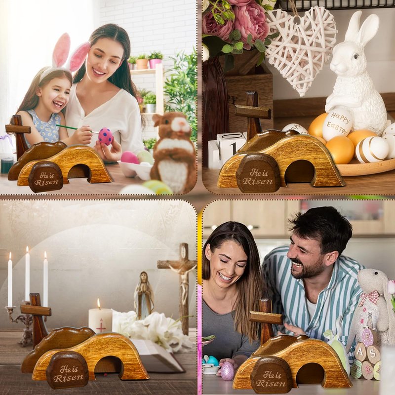 JNYVE Easter Scene Wooden Decorations - Empty Tomb Resurrection Scene and Cross Decor - Jesus Christian Religious Tomb Signs Tiered Tray Decoration for the Home Table Office