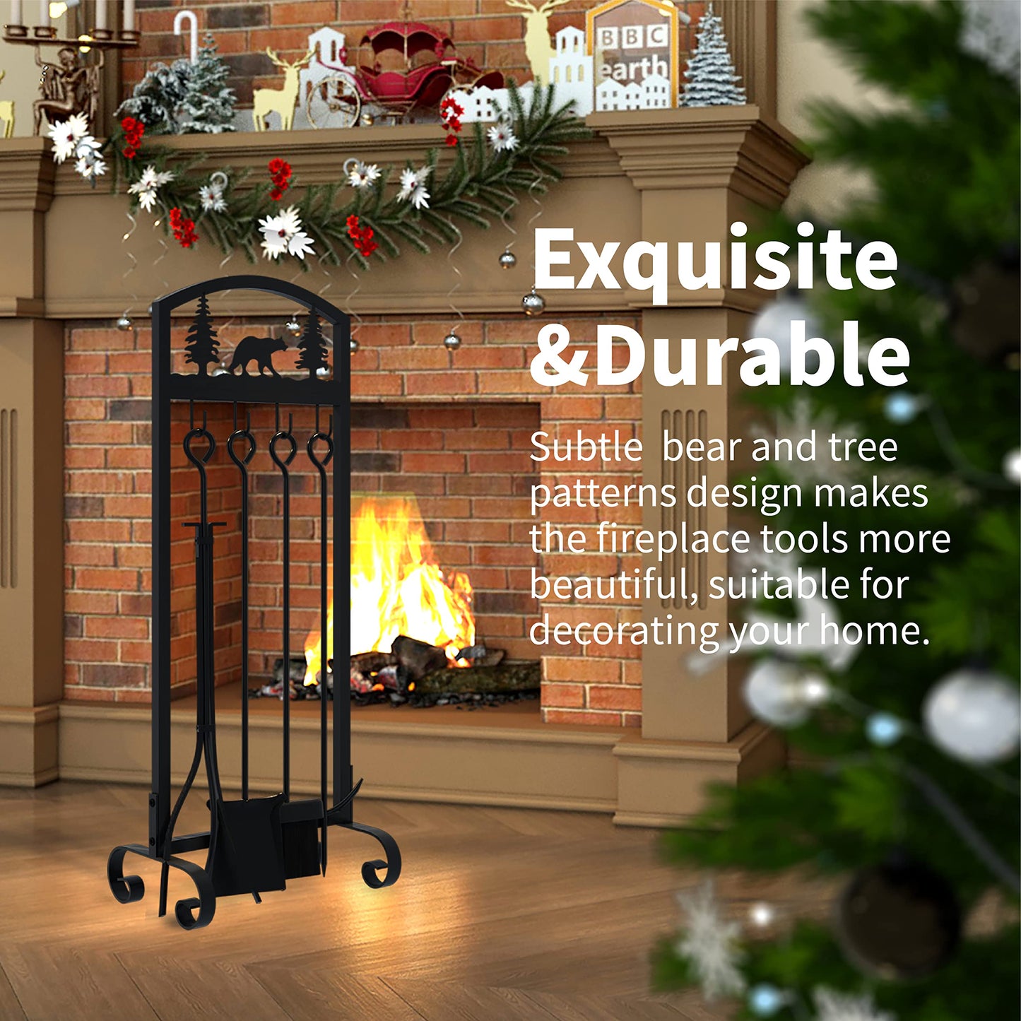 SCENDOR 5 Pieces Fireplace Tools Set 30.5 Inch Wrought Iron Fire Place Pit Poker Holder Brush and Stand Accessories Set Christmas Animal Pattern Outdoor Indoor