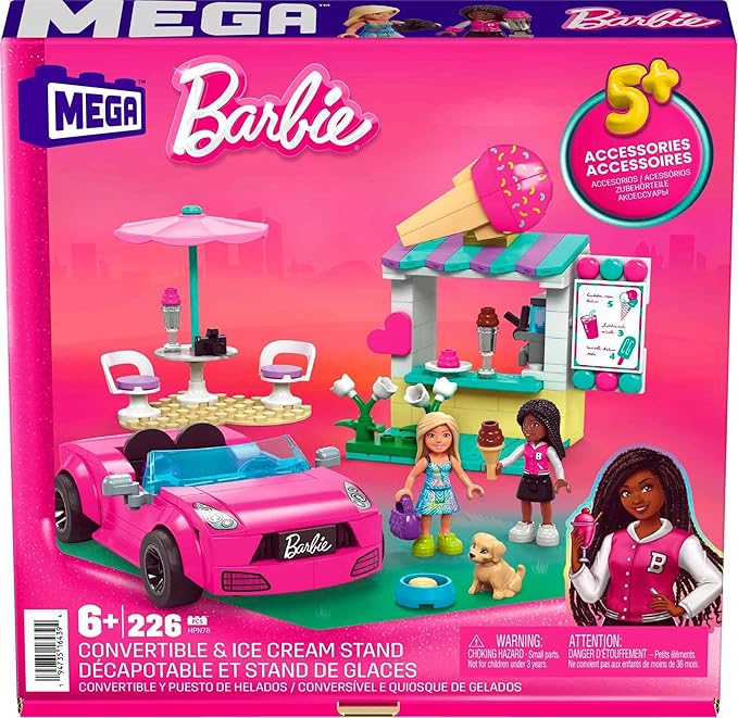 MEGA Barbie Kids Building Toy Set Convertible & Ice Cream Stand with 226 Pieces 2 Micro-Dolls and Accessories Pink Ages 6+ Years