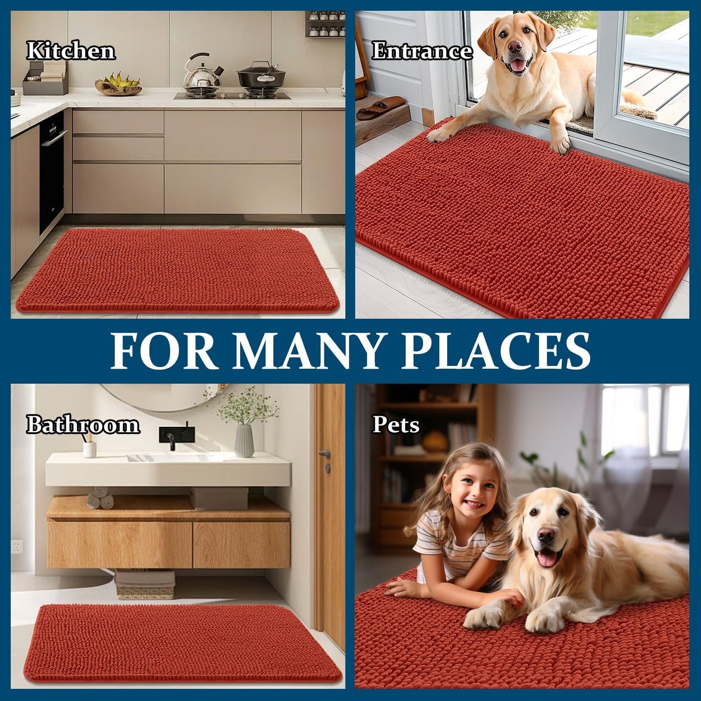 OLANLY Dog Door Mat - Absorbent Non-Slip Mud Mat for Indoor Use | 35x24, Quick Dry Chenille, Maple Red