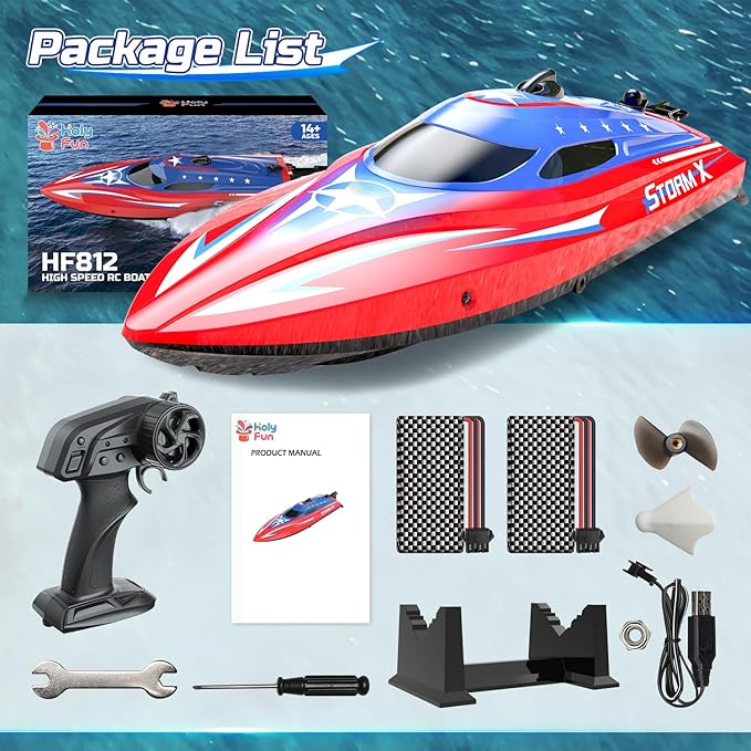 HOLYFUN Full Proportional Remote Control Boat for Kids & Adults 20MPH+ High-Speed Waterproof RC Boat 2 Battery(30 Mins) 2.4GHz Racing Boats Toy for Water Pool & Lake