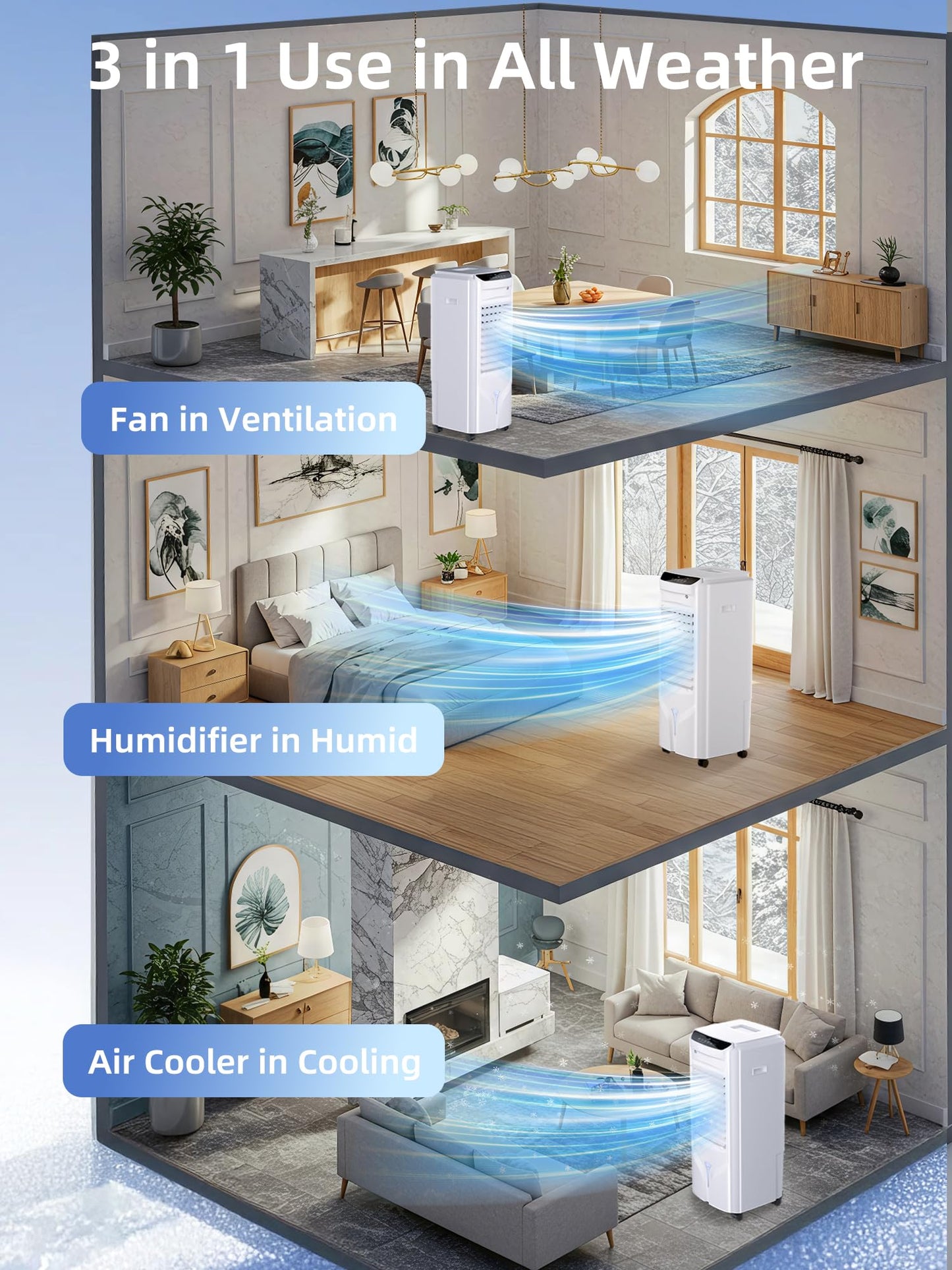 Uthfy 32" Evaporative Air Cooler with 4 Ice Packs, 4 Modes & 3 Speeds, Swamp Cooler with 4.2 Gal Water Tank, 120° Oscillation, 12H Timer, Remote, White, Portable Air Conditioner for Bedroom, Office