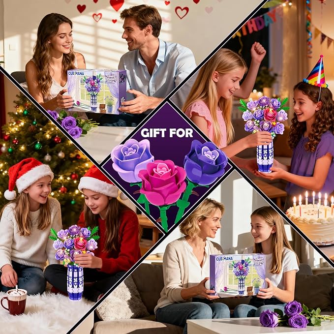 Purple Roses Flowers Building Set with Vase & LED Light 17 Mini Flowers Bouquet Building Blocks Toy for Adults Artificial Flowers for Home Office Decor & Display Gifts for Women & Men