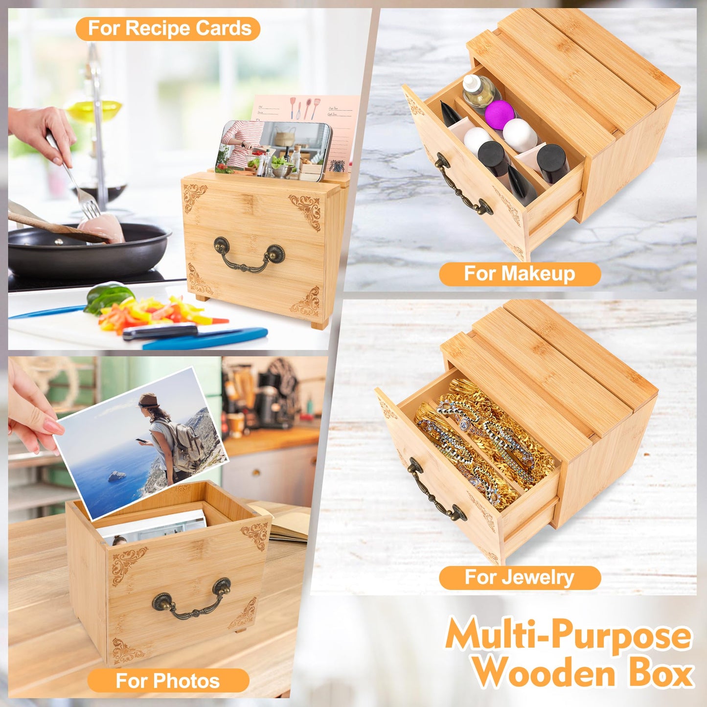 Coitak Wooden Recipe Box With 50 Double Sided 4x6 Recipe Cards, 6 Dividers, 1 Roll Stickers, 1 Pen Removable Recipe Card Holder Organizer